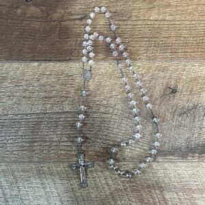 Vintage Sterling Silver 925 CATHOLIC INRI Cross Clear Beaded ROSARY NECKLACE